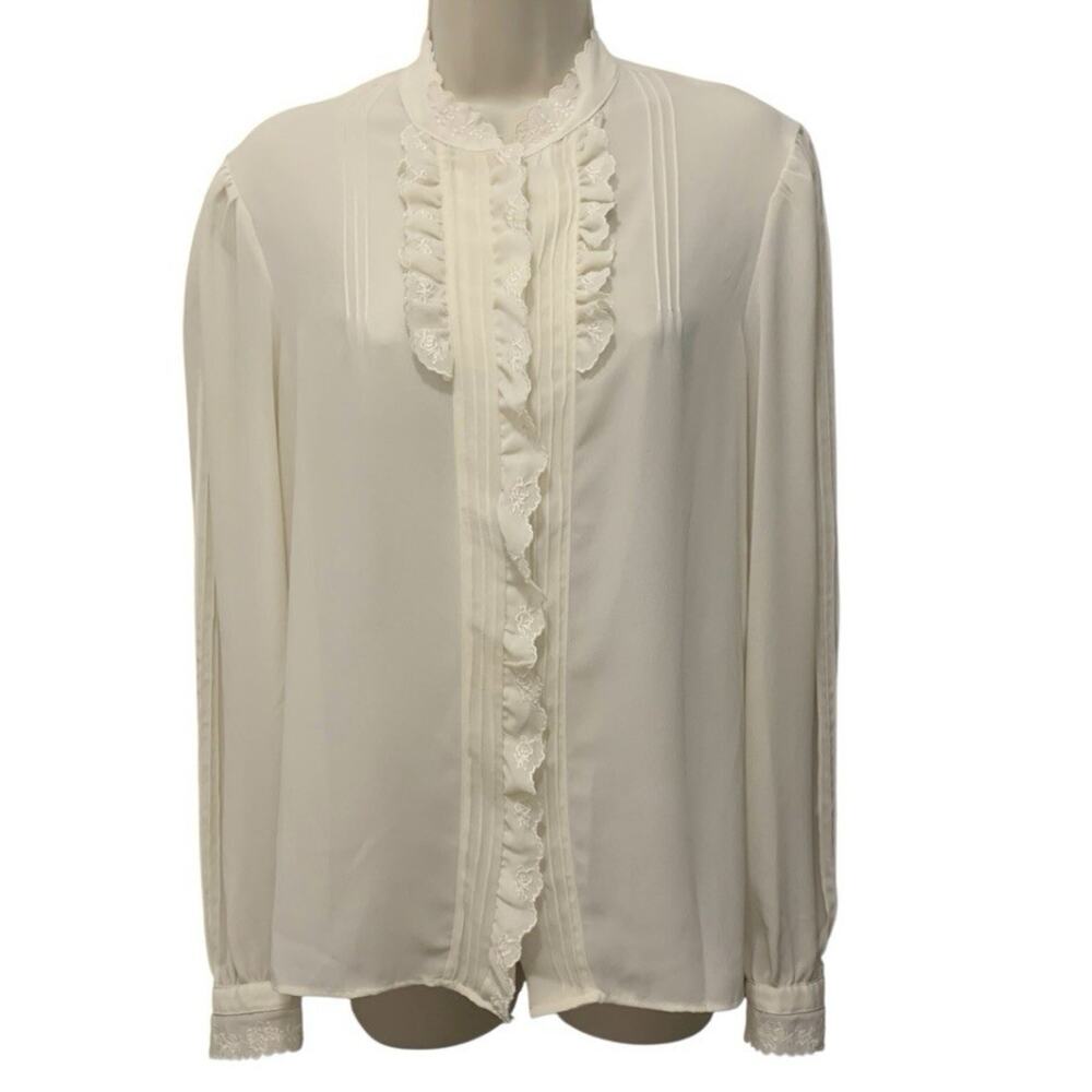 Vintage Anne French Cream Ruffle Blouse Pintuck Embroidered Victorian Large